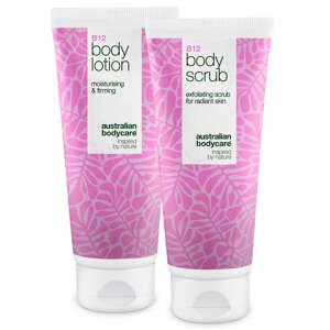 B12 sada pro péči o suchou pleť – Exfoliace & hloubková hydratace — Hydratační tělový peeling & mléko B12 pro suchou a citlivou pokožku.