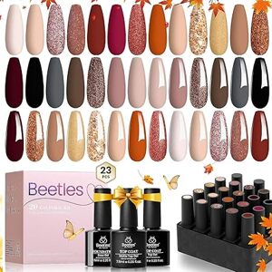 Beetles 23dílná sada 20 barev Nude Pink, Hnědá, Burgundsko červená,Set s vrchním lakem, Base Coat, Verse of Roses