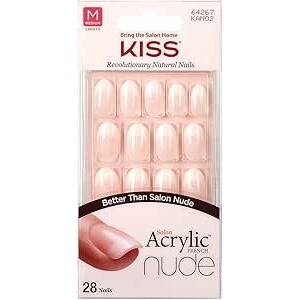 Kolekce akrylových nehtů KISS Salon French Nude, elegantní, středně dlouhé umělé nehty v tělové barvě, obsahuje 28 umělých nehtů, lepidlo na nehty, pilník na nehty a manikúrní tyčinku (balení se může lišit)